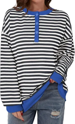 Dokotoo Womens Casual Crewneck Color Block Striped Oversized Sweatshirt Long Sleeve Shirts Tunic Tops