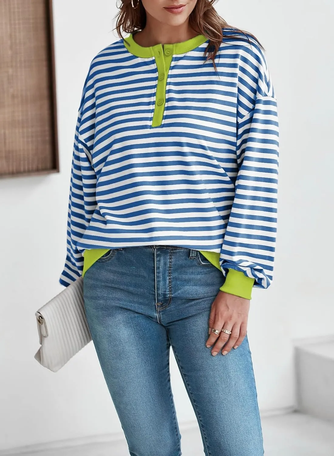 Dokotoo Womens Casual Crewneck Color Block Striped Oversized Sweatshirt Long Sleeve Shirts Tunic Tops