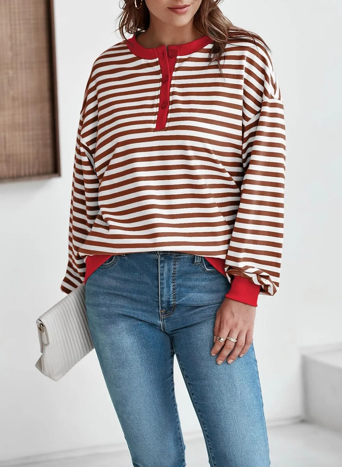 Dokotoo Womens Casual Crewneck Color Block Striped Oversized Sweatshirt Long Sleeve Shirts Tunic Tops