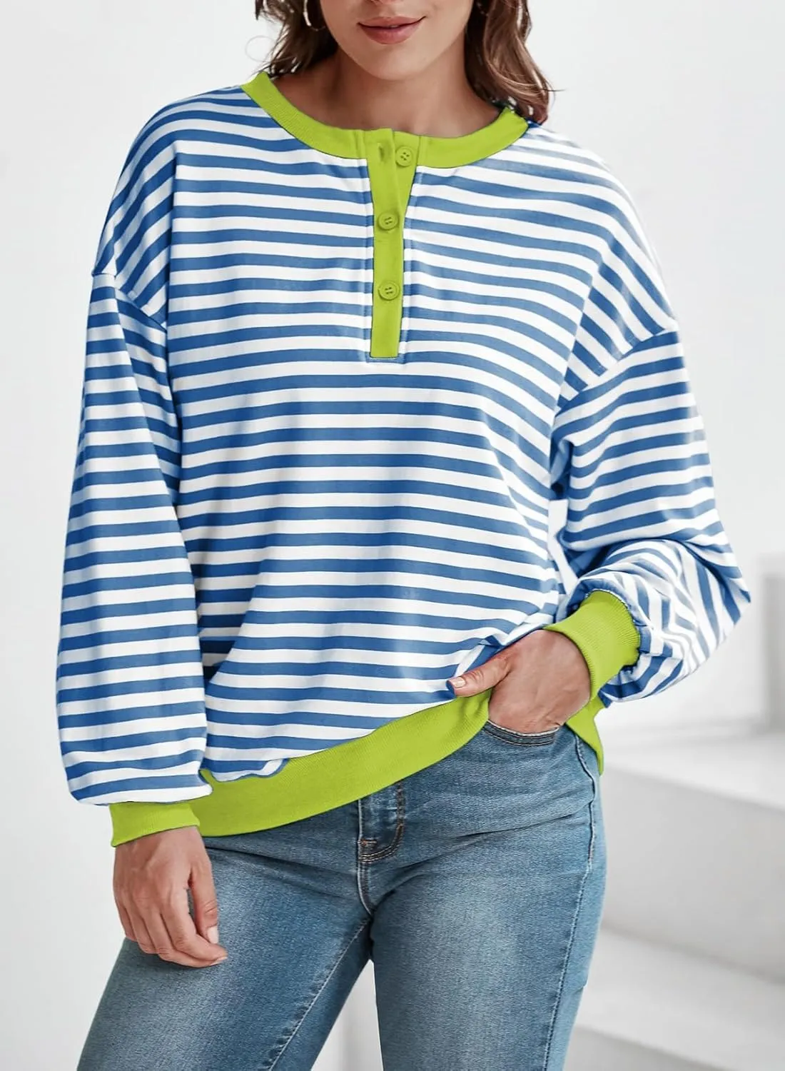 Dokotoo Womens Casual Crewneck Color Block Striped Oversized Sweatshirt Long Sleeve Shirts Tunic Tops