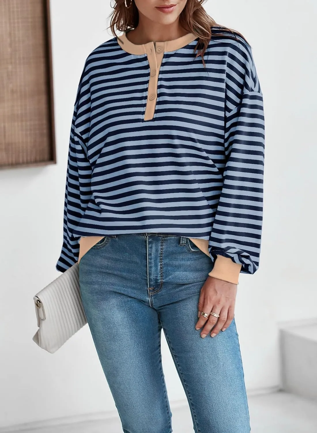 Dokotoo Womens Casual Crewneck Color Block Striped Oversized Sweatshirt Long Sleeve Shirts Tunic Tops
