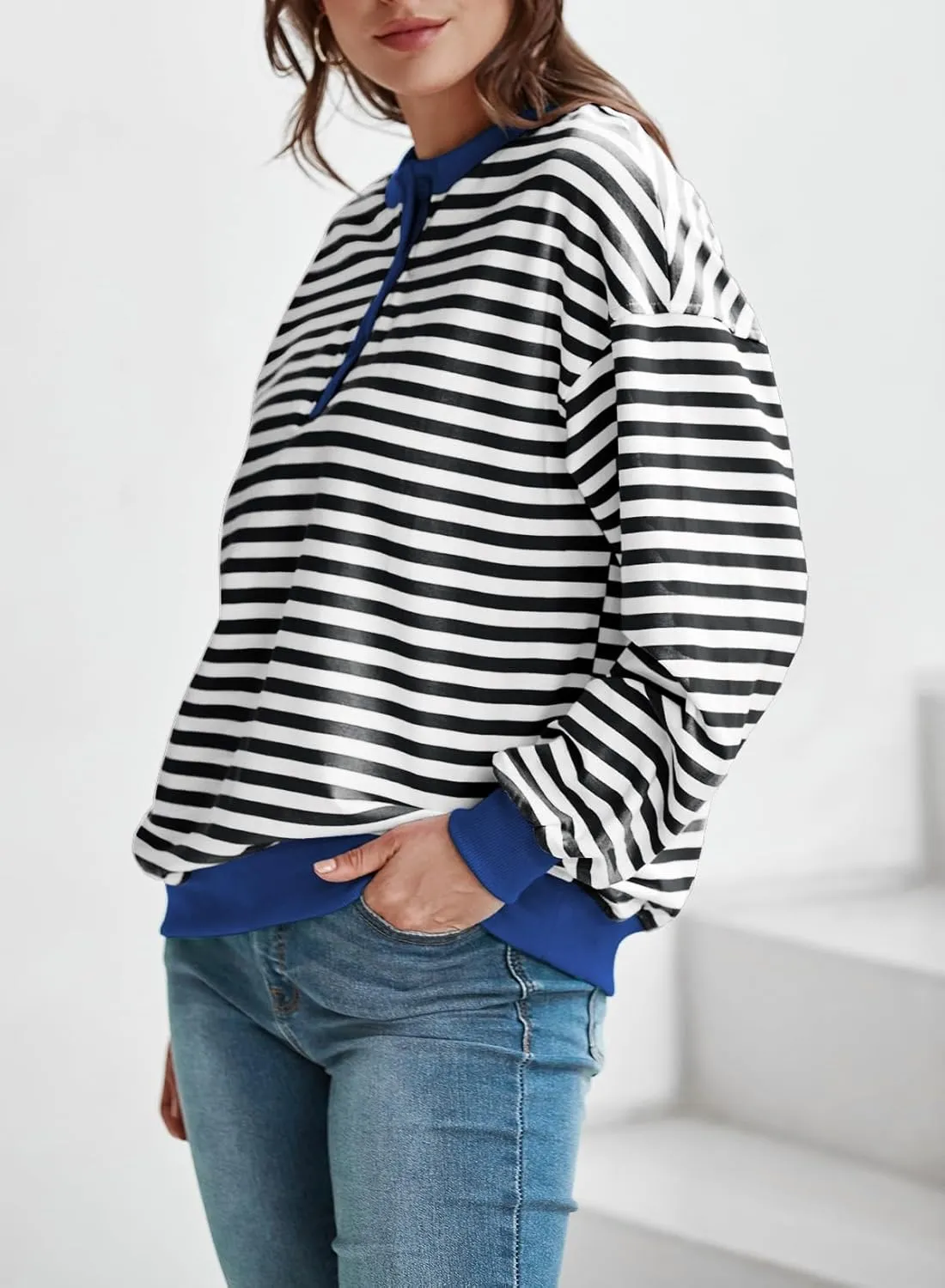 Dokotoo Womens Casual Crewneck Color Block Striped Oversized Sweatshirt Long Sleeve Shirts Tunic Tops