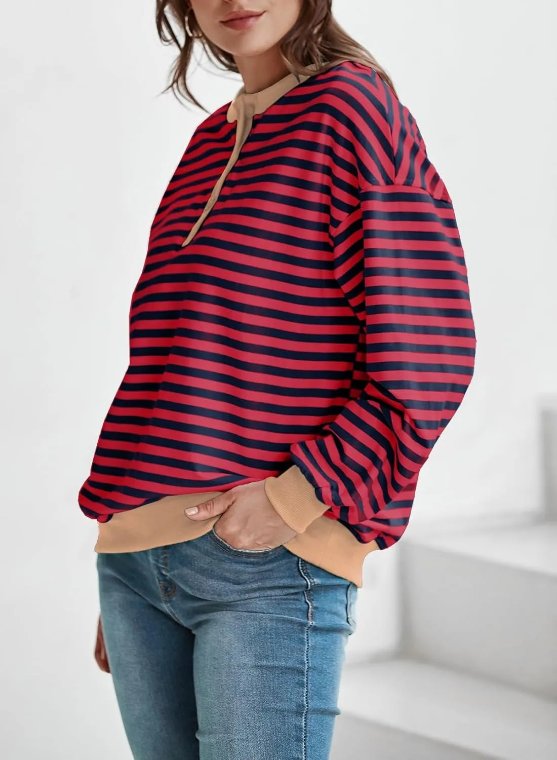 Dokotoo Womens Casual Crewneck Color Block Striped Oversized Sweatshirt Long Sleeve Shirts Tunic Tops
