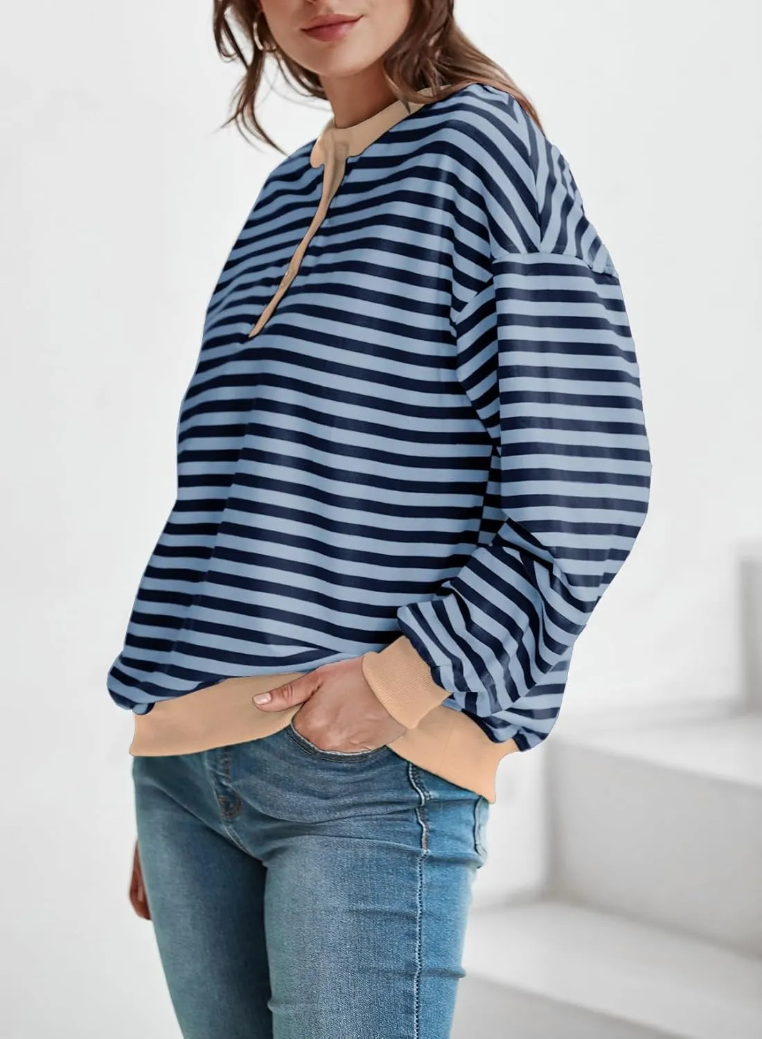 Dokotoo Womens Casual Crewneck Color Block Striped Oversized Sweatshirt Long Sleeve Shirts Tunic Tops