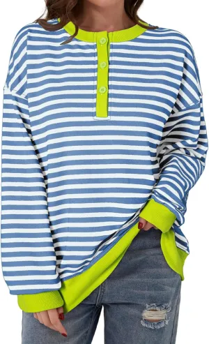 Dokotoo Womens Casual Crewneck Color Block Striped Oversized Sweatshirt Long Sleeve Shirts Tunic Tops