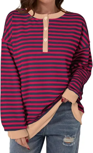 Dokotoo Womens Casual Crewneck Color Block Striped Oversized Sweatshirt Long Sleeve Shirts Tunic Tops