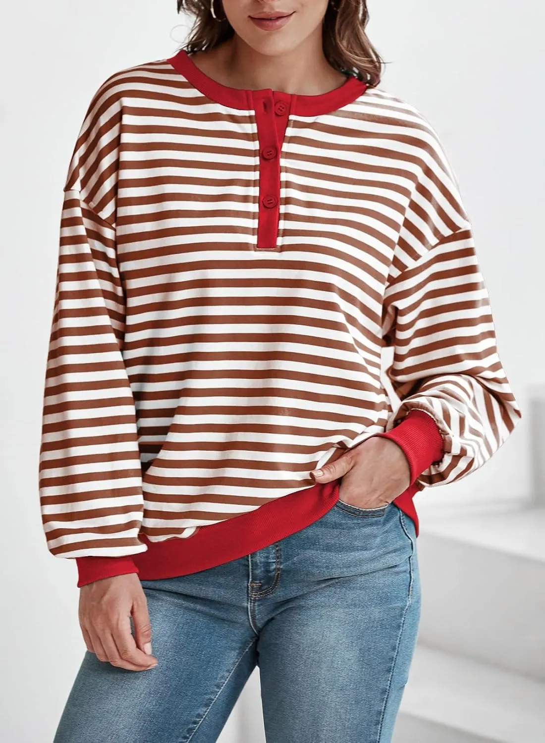 Dokotoo Womens Casual Crewneck Color Block Striped Oversized Sweatshirt Long Sleeve Shirts Tunic Tops