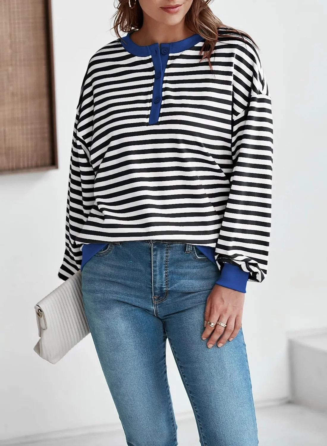 Dokotoo Womens Casual Crewneck Color Block Striped Oversized Sweatshirt Long Sleeve Shirts Tunic Tops