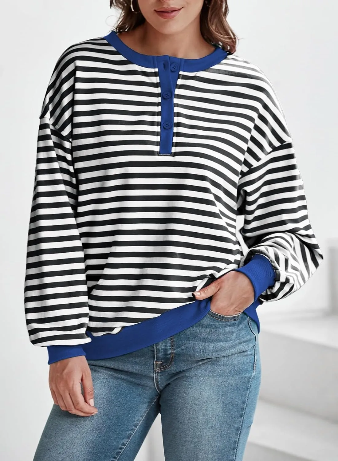 Dokotoo Womens Casual Crewneck Color Block Striped Oversized Sweatshirt Long Sleeve Shirts Tunic Tops
