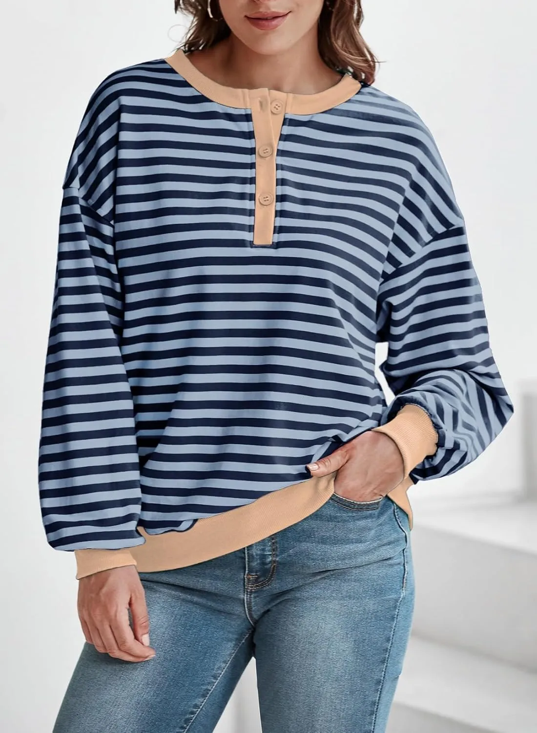 Dokotoo Womens Casual Crewneck Color Block Striped Oversized Sweatshirt Long Sleeve Shirts Tunic Tops