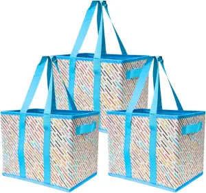 DURASACK Grocery Tote Bag 3-Pack All-Purpose Collapsible Tote Bags with Handles Kitchen Reusable Grocery Bags, Celebration