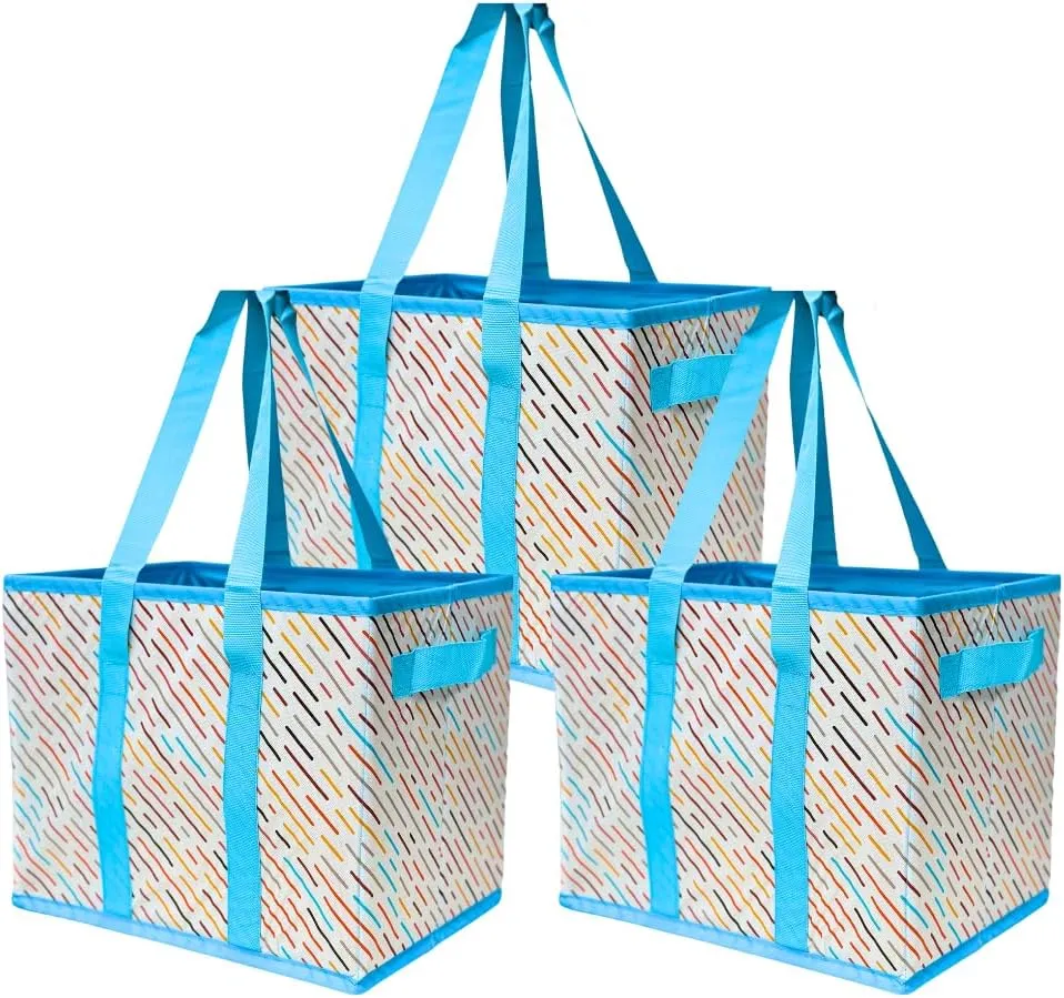 DURASACK Grocery Tote Bag 3-Pack All-Purpose Collapsible Tote Bags with Handles Kitchen Reusable Grocery Bags, Celebration