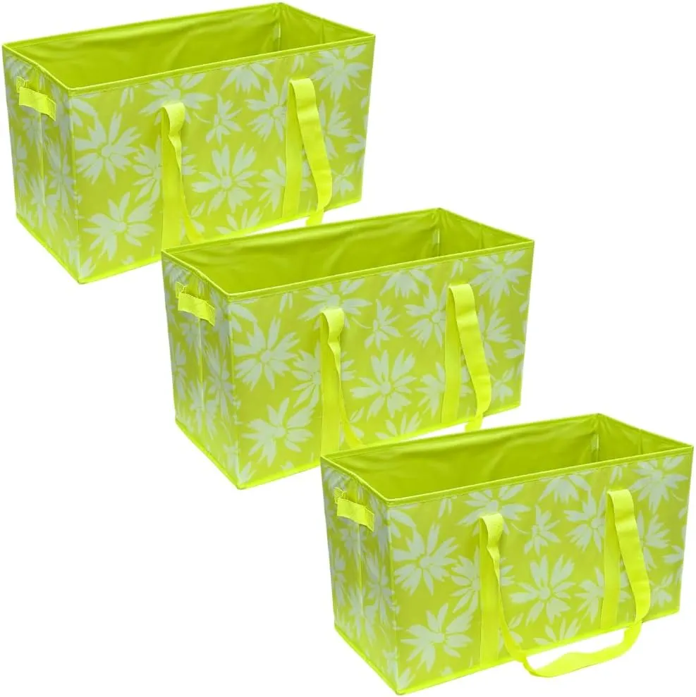 DURASACK Large Grocery Tote Bag 3-Pack All-Purpose Collapsible Tote Bags with Handles Kitchen Reusable Grocery Bags, Lime Floral