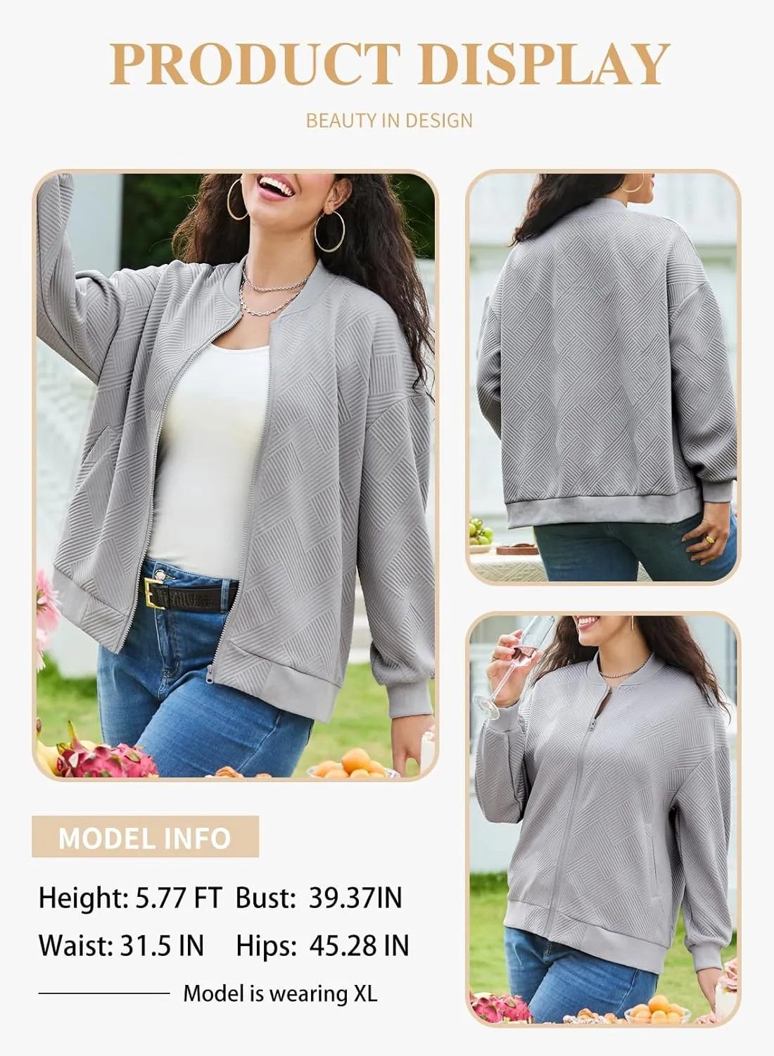 Eytino Womens Plus Size Jackets Long Sleeve Full Zip Casual Lightweight Fall Jacket(1X-5X)