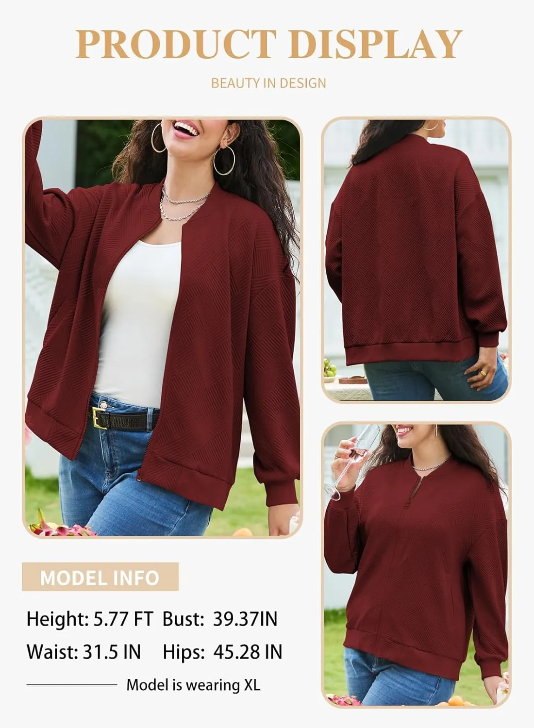 Eytino Womens Plus Size Jackets Long Sleeve Full Zip Casual Lightweight Fall Jacket(1X-5X)