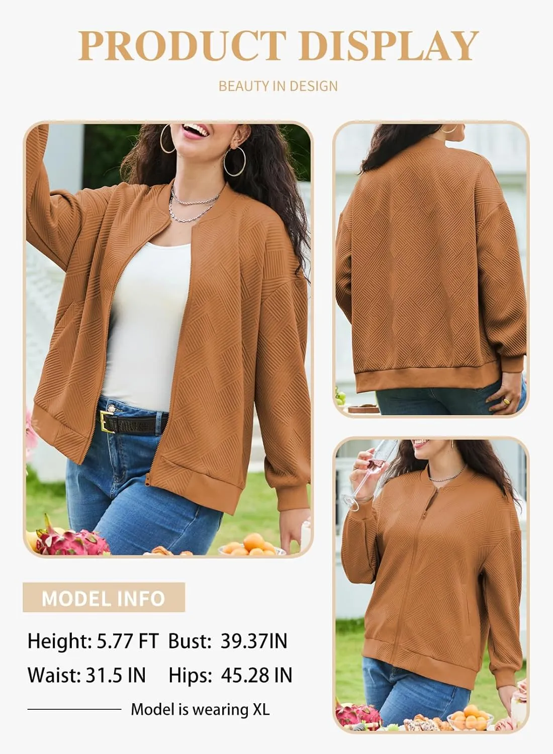 Eytino Womens Plus Size Jackets Long Sleeve Full Zip Casual Lightweight Fall Jacket(1X-5X)