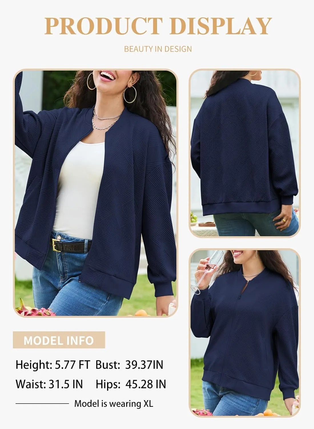 Eytino Womens Plus Size Jackets Long Sleeve Full Zip Casual Lightweight Fall Jacket(1X-5X)