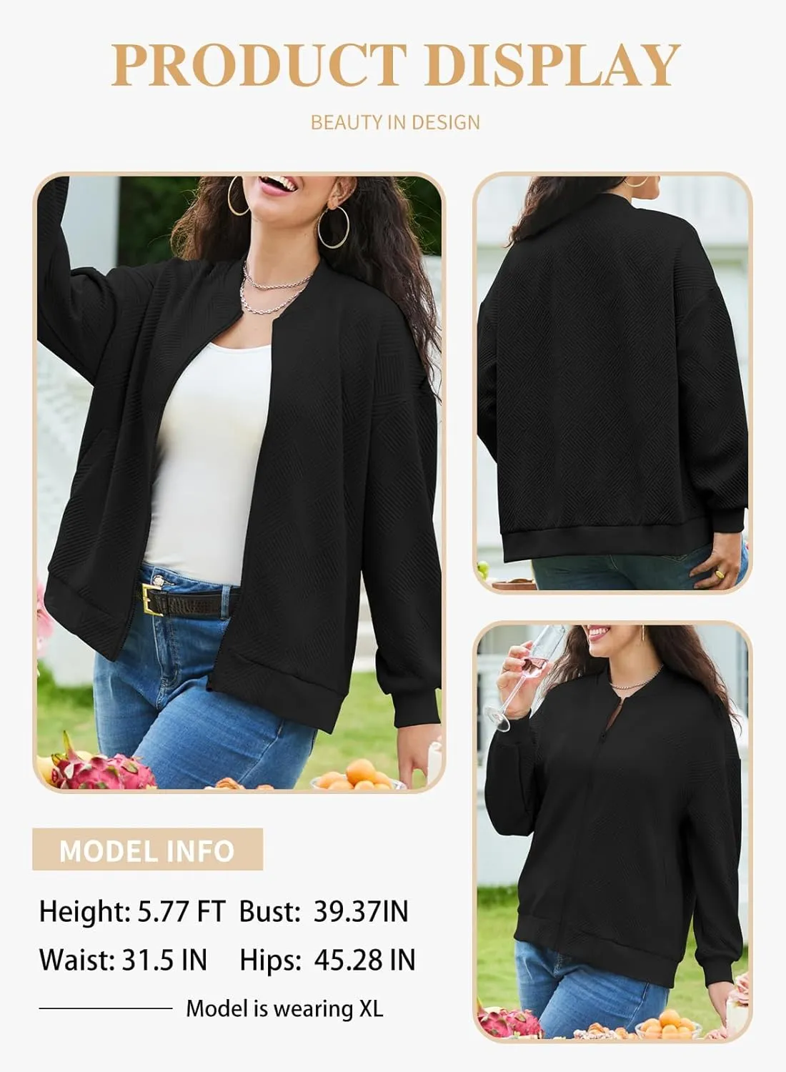 Eytino Womens Plus Size Jackets Long Sleeve Full Zip Casual Lightweight Fall Jacket(1X-5X)