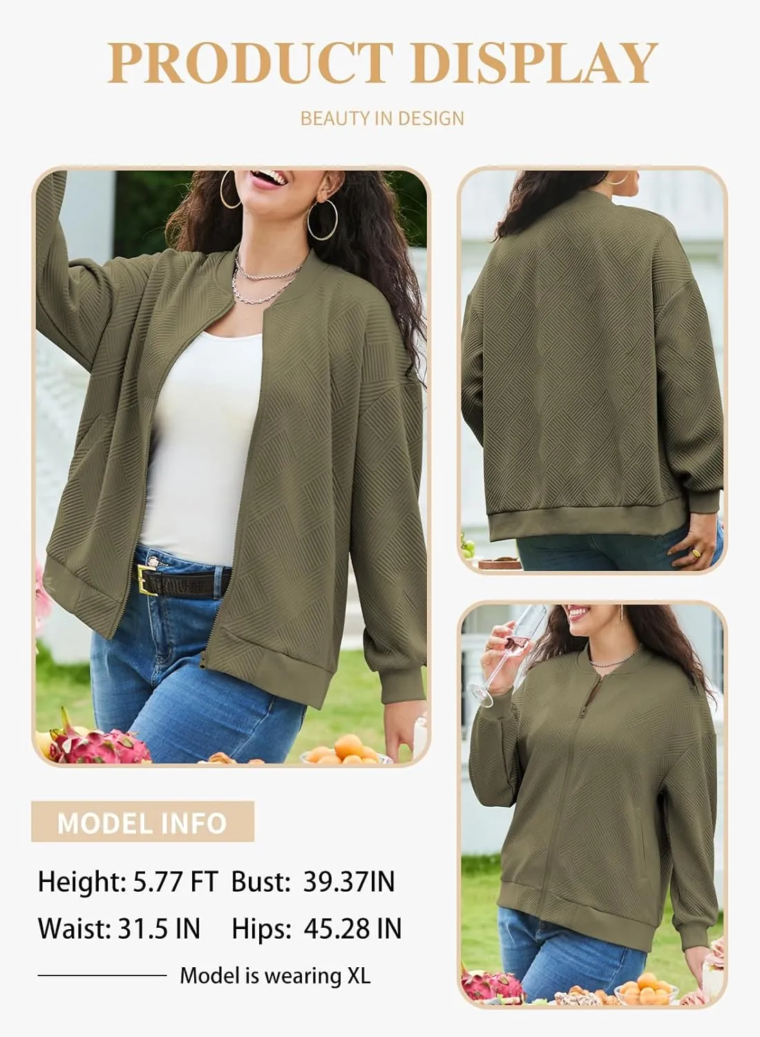 Eytino Womens Plus Size Jackets Long Sleeve Full Zip Casual Lightweight Fall Jacket(1X-5X)