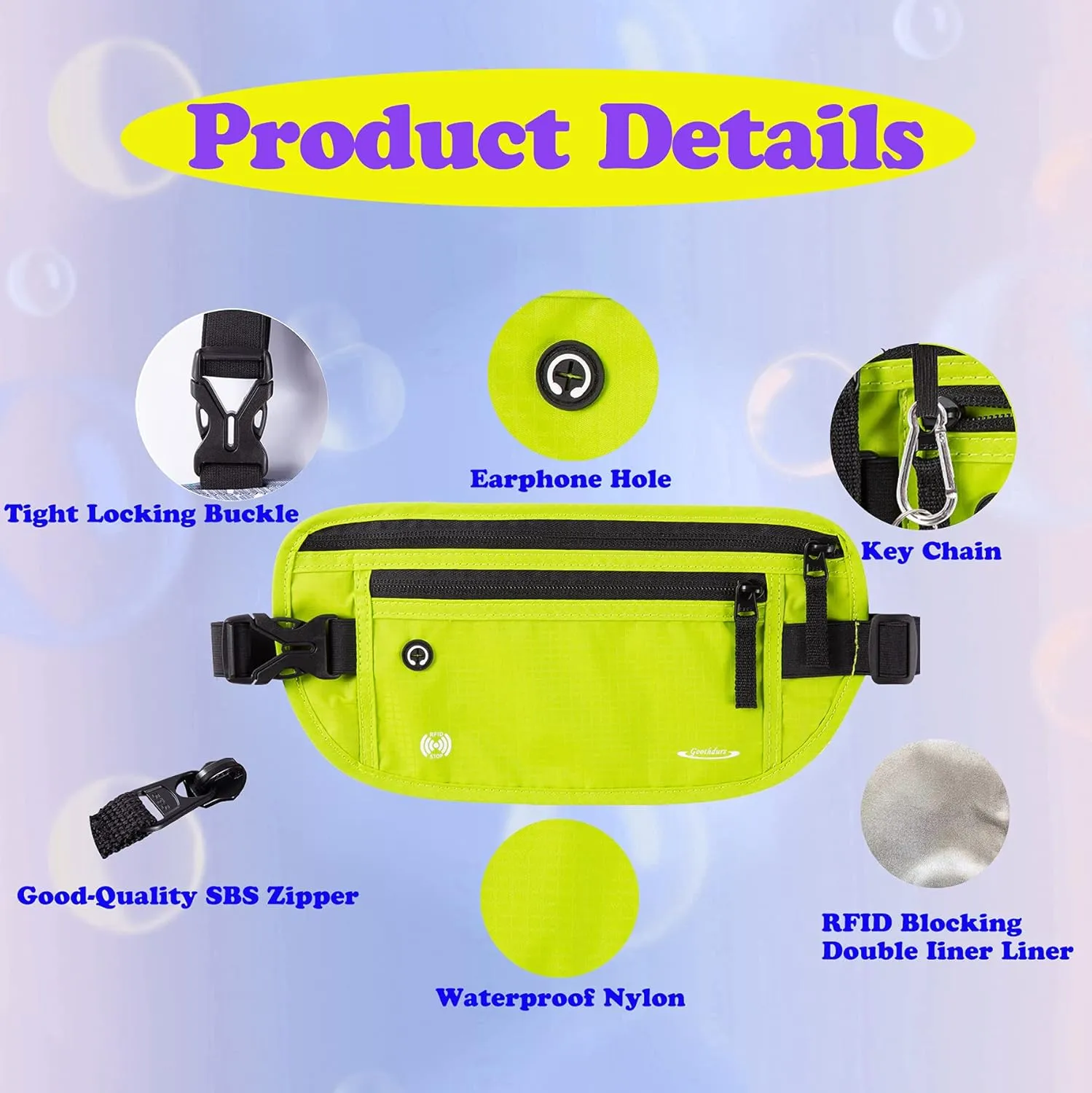 Goothdurs Money Belt for Travel - Slim Fanny Pack Passport Holder with RFID Blocking for WomenMen Hidden
