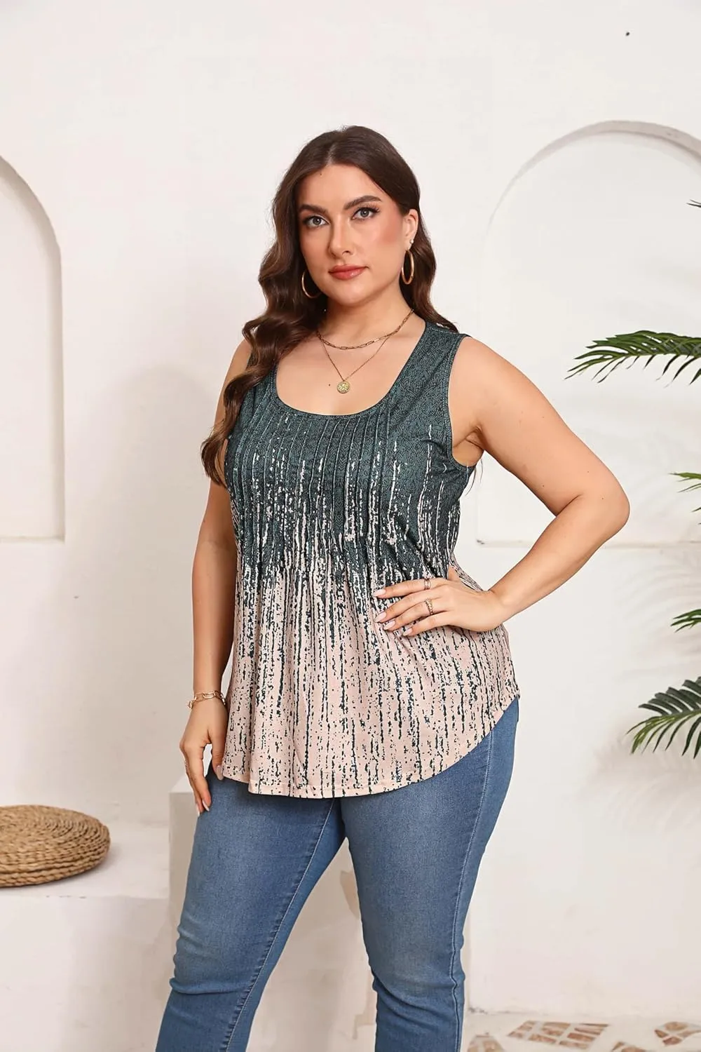 HBEYYTO Women Plus Size Tank Tops Casual Sleeveless Crew Neck Pleated Front Flowy Loose Camisoles Cami Shirts Blouses 1X-5X