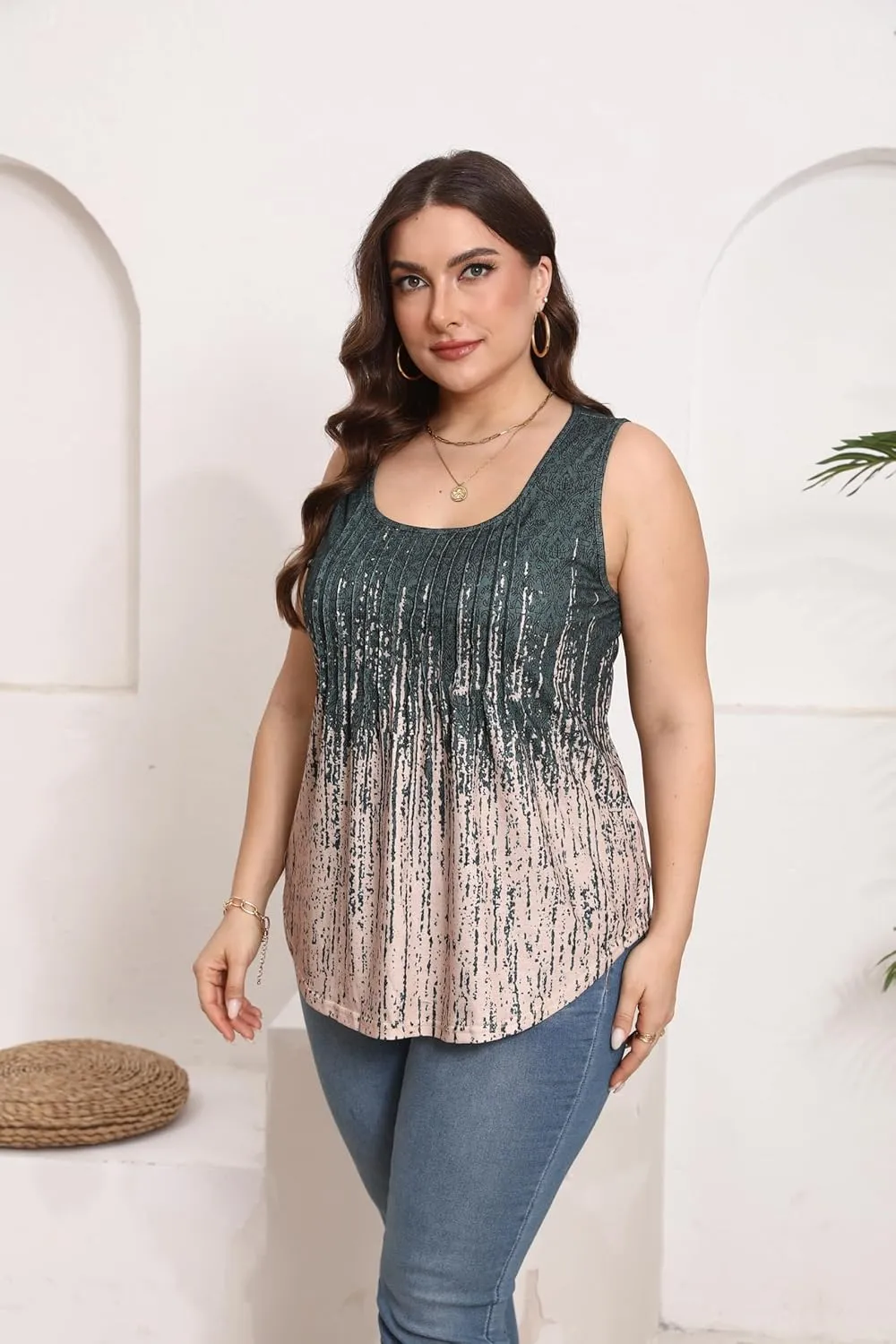 HBEYYTO Women Plus Size Tank Tops Casual Sleeveless Crew Neck Pleated Front Flowy Loose Camisoles Cami Shirts Blouses 1X-5X