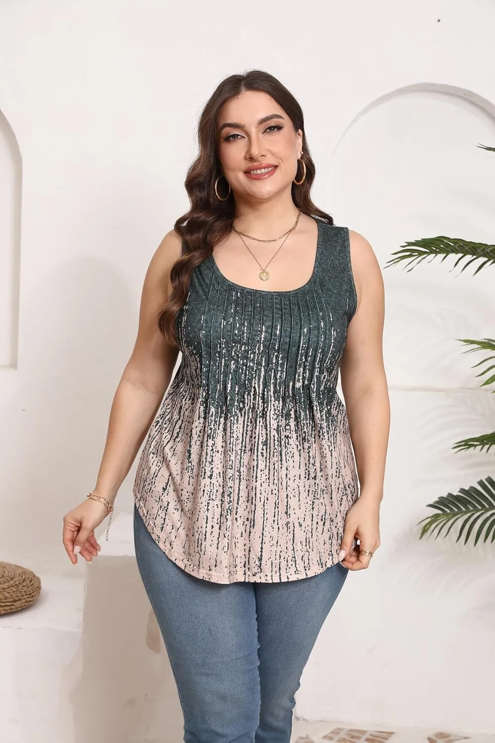 HBEYYTO Women Plus Size Tank Tops Casual Sleeveless Crew Neck Pleated Front Flowy Loose Camisoles Cami Shirts Blouses 1X-5X