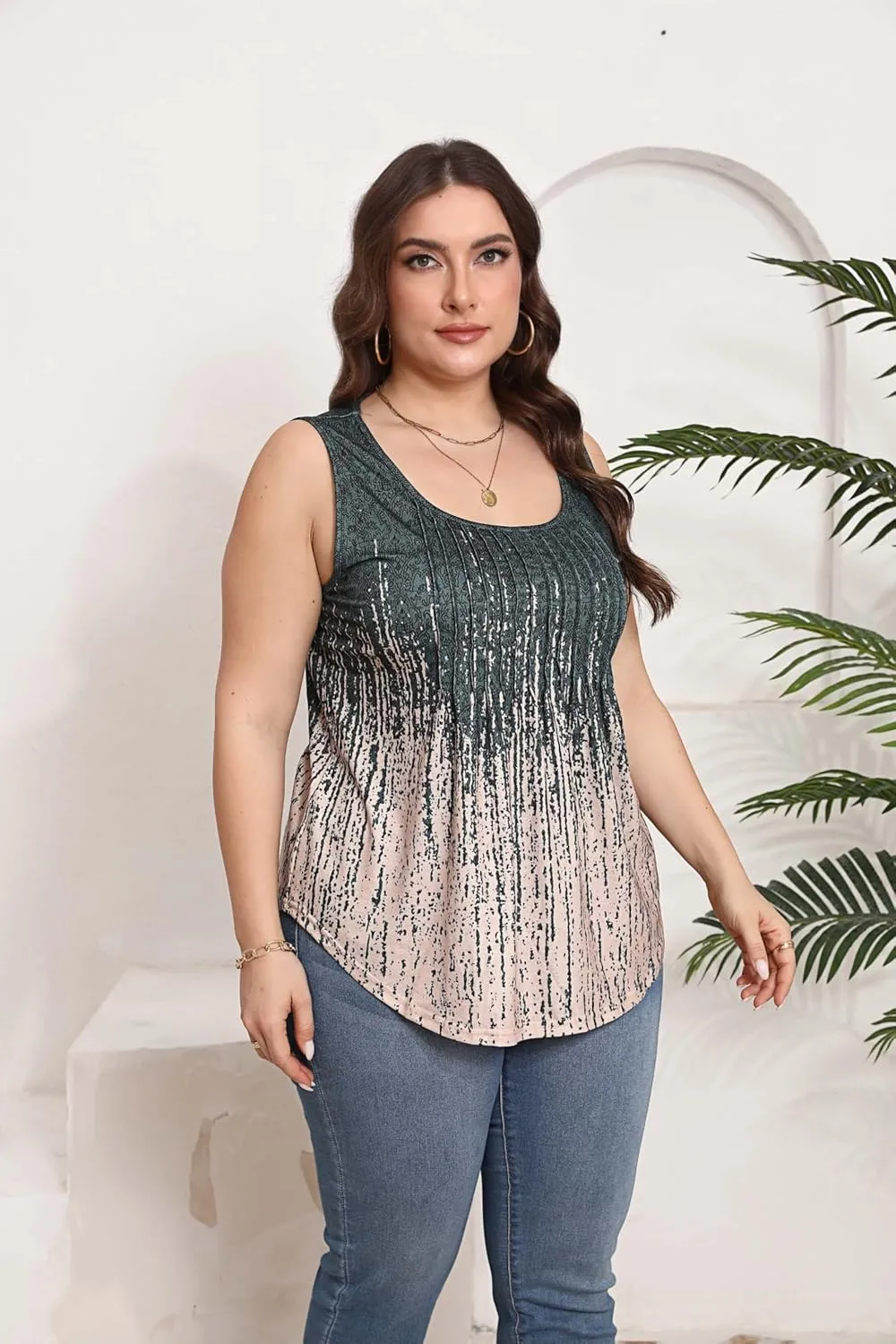 HBEYYTO Women Plus Size Tank Tops Casual Sleeveless Crew Neck Pleated Front Flowy Loose Camisoles Cami Shirts Blouses 1X-5X