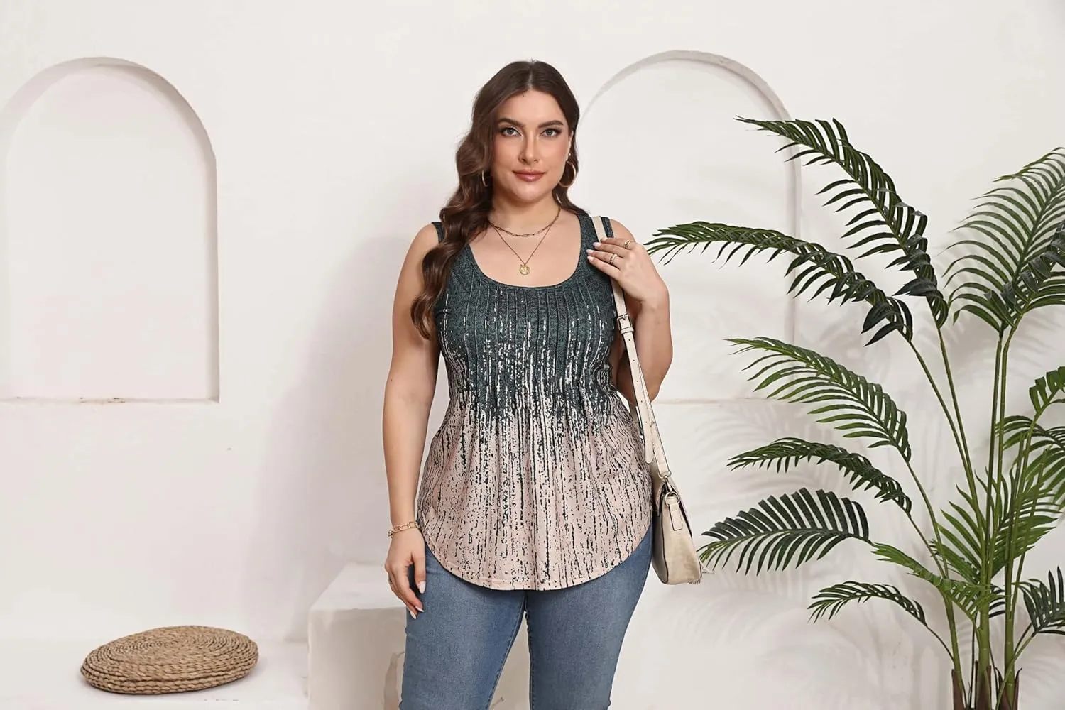 HBEYYTO Women Plus Size Tank Tops Casual Sleeveless Crew Neck Pleated Front Flowy Loose Camisoles Cami Shirts Blouses 1X-5X