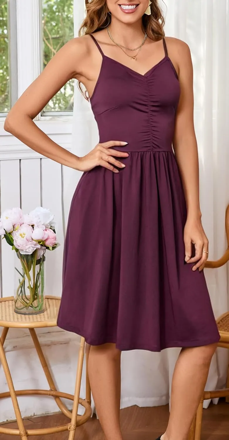 HipGlamp Women's Summer Casual Dress Sleeveless V Neck Beach Sundresses A Line Spaghetti Strap Midi Dress with Pockets