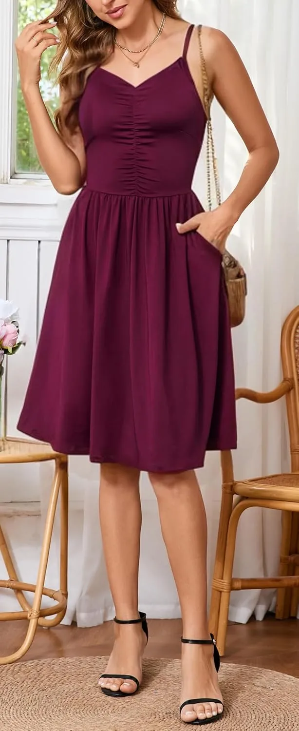 HipGlamp Women's Summer Casual Dress Sleeveless V Neck Beach Sundresses A Line Spaghetti Strap Midi Dress with Pockets