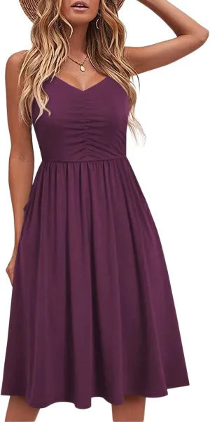 HipGlamp Women's Summer Casual Dress Sleeveless V Neck Beach Sundresses A Line Spaghetti Strap Midi Dress with Pockets