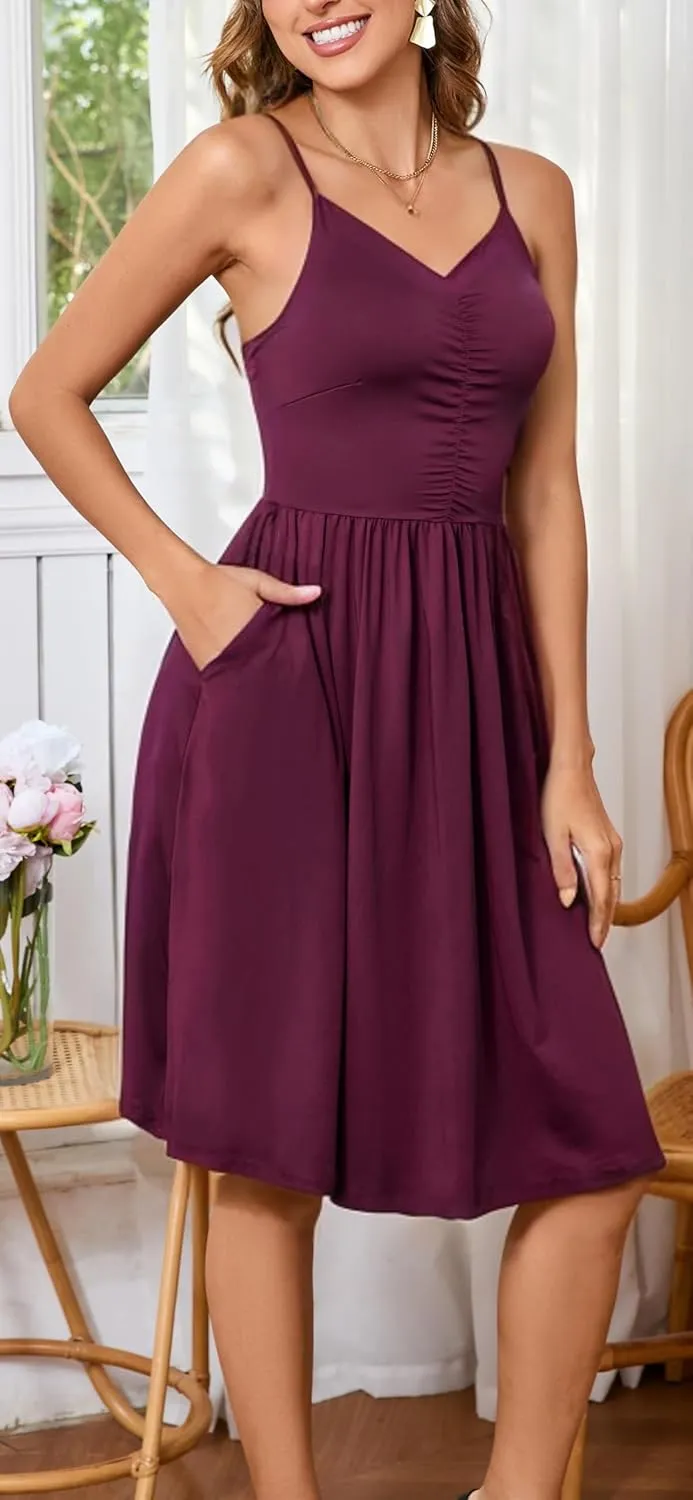 HipGlamp Women's Summer Casual Dress Sleeveless V Neck Beach Sundresses A Line Spaghetti Strap Midi Dress with Pockets