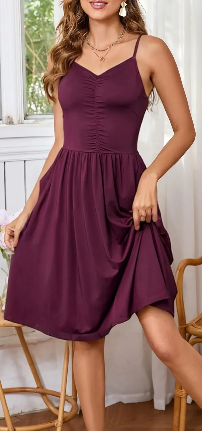HipGlamp Women's Summer Casual Dress Sleeveless V Neck Beach Sundresses A Line Spaghetti Strap Midi Dress with Pockets