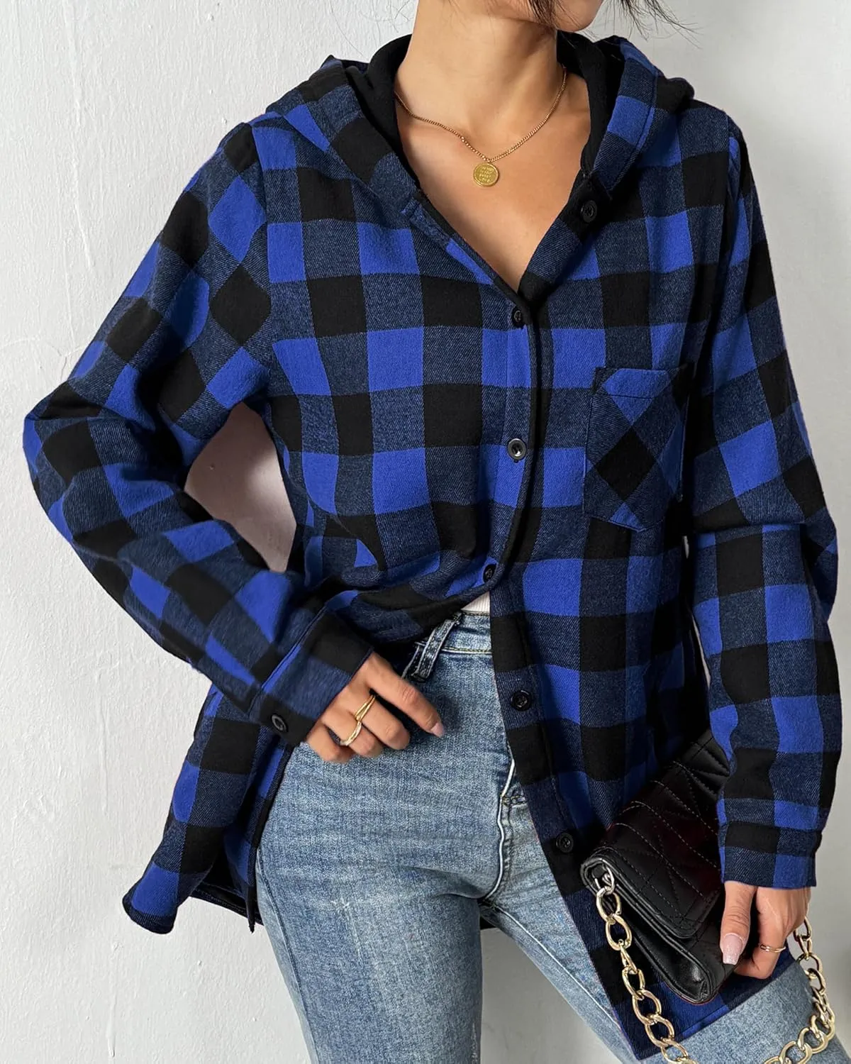 HOTOUCH Women Flannel Fleece Shacket Jacket Plaid Button Down Long Sleeve Shirt 2024 Fall Winter Outfits Clothes with Hooded