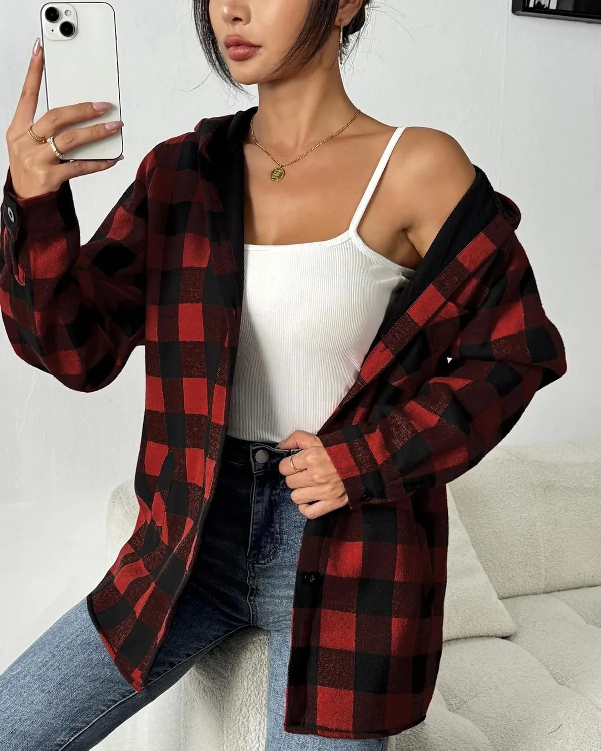HOTOUCH Women Flannel Fleece Shacket Jacket Plaid Button Down Long Sleeve Shirt 2024 Fall Winter Outfits Clothes with Hooded