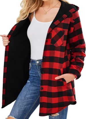 HOTOUCH Women Flannel Fleece Shacket Jacket Plaid Button Down Long Sleeve Shirt 2024 Fall Winter Outfits Clothes with Hooded