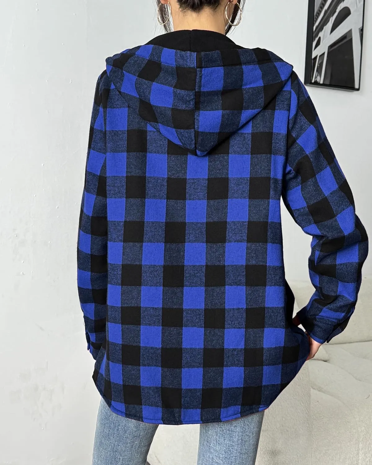 HOTOUCH Women Flannel Fleece Shacket Jacket Plaid Button Down Long Sleeve Shirt 2024 Fall Winter Outfits Clothes with Hooded