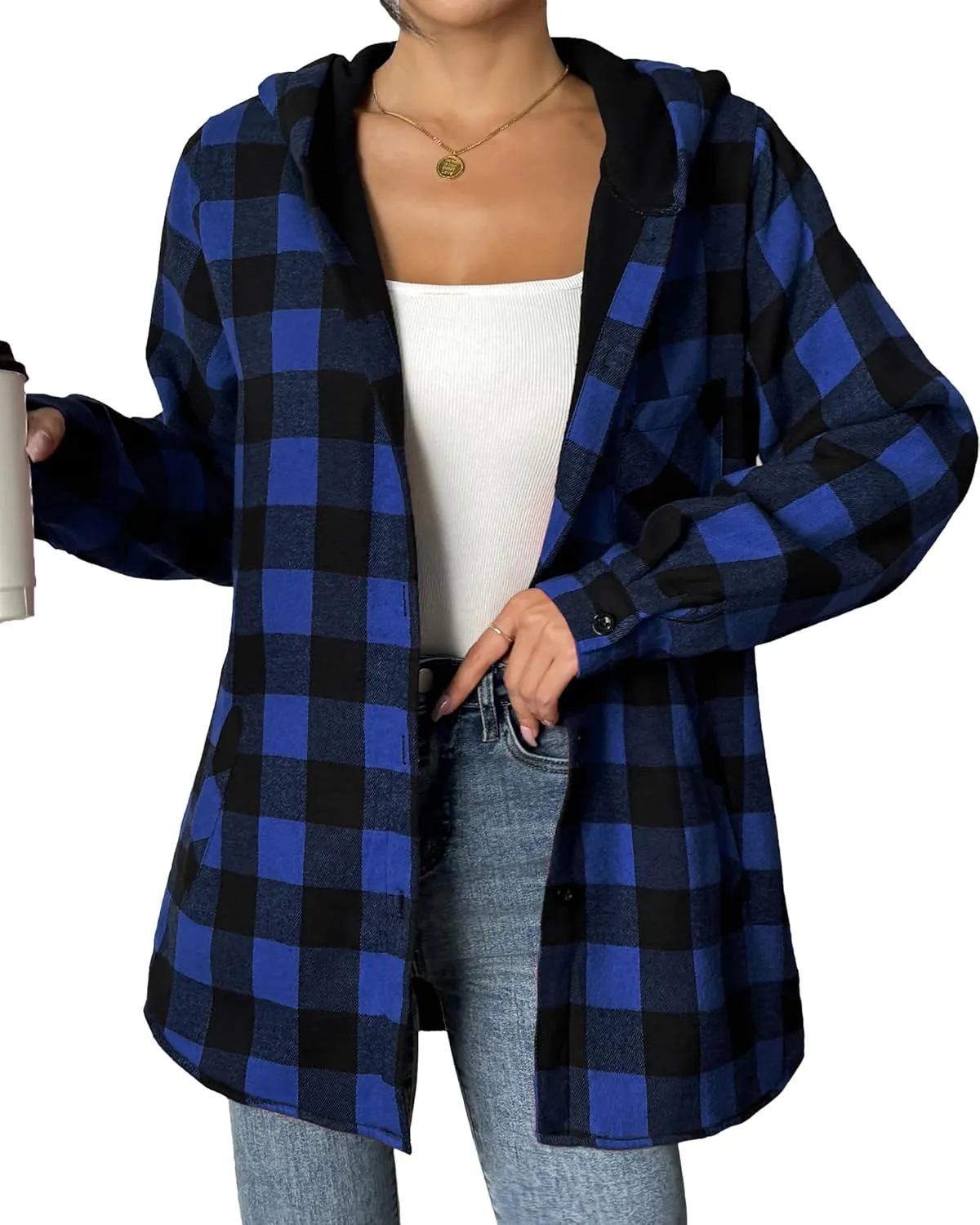 HOTOUCH Women Flannel Fleece Shacket Jacket Plaid Button Down Long Sleeve Shirt 2024 Fall Winter Outfits Clothes with Hooded
