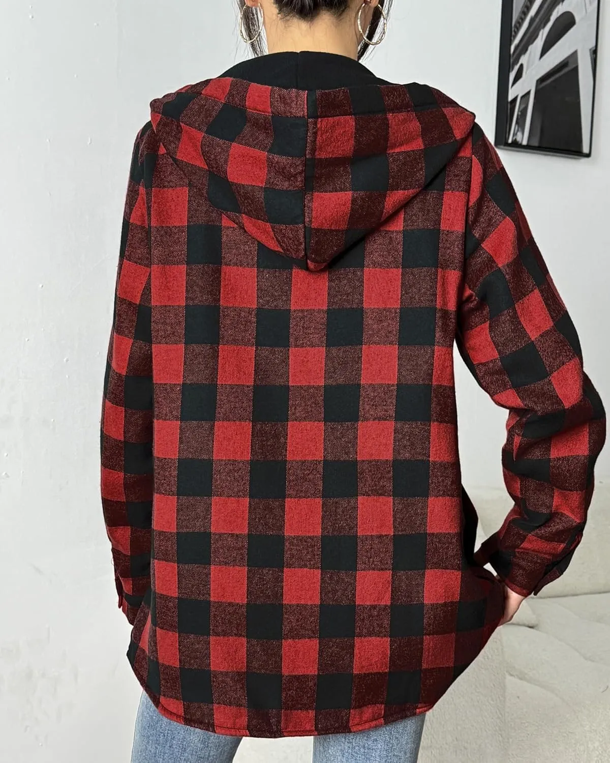 HOTOUCH Women Flannel Fleece Shacket Jacket Plaid Button Down Long Sleeve Shirt 2024 Fall Winter Outfits Clothes with Hooded