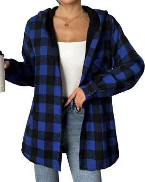HOTOUCH Women Flannel Fleece Shacket Jacket Plaid Button Down Long Sleeve Shirt 2024 Fall Winter Outfits Clothes with Hooded