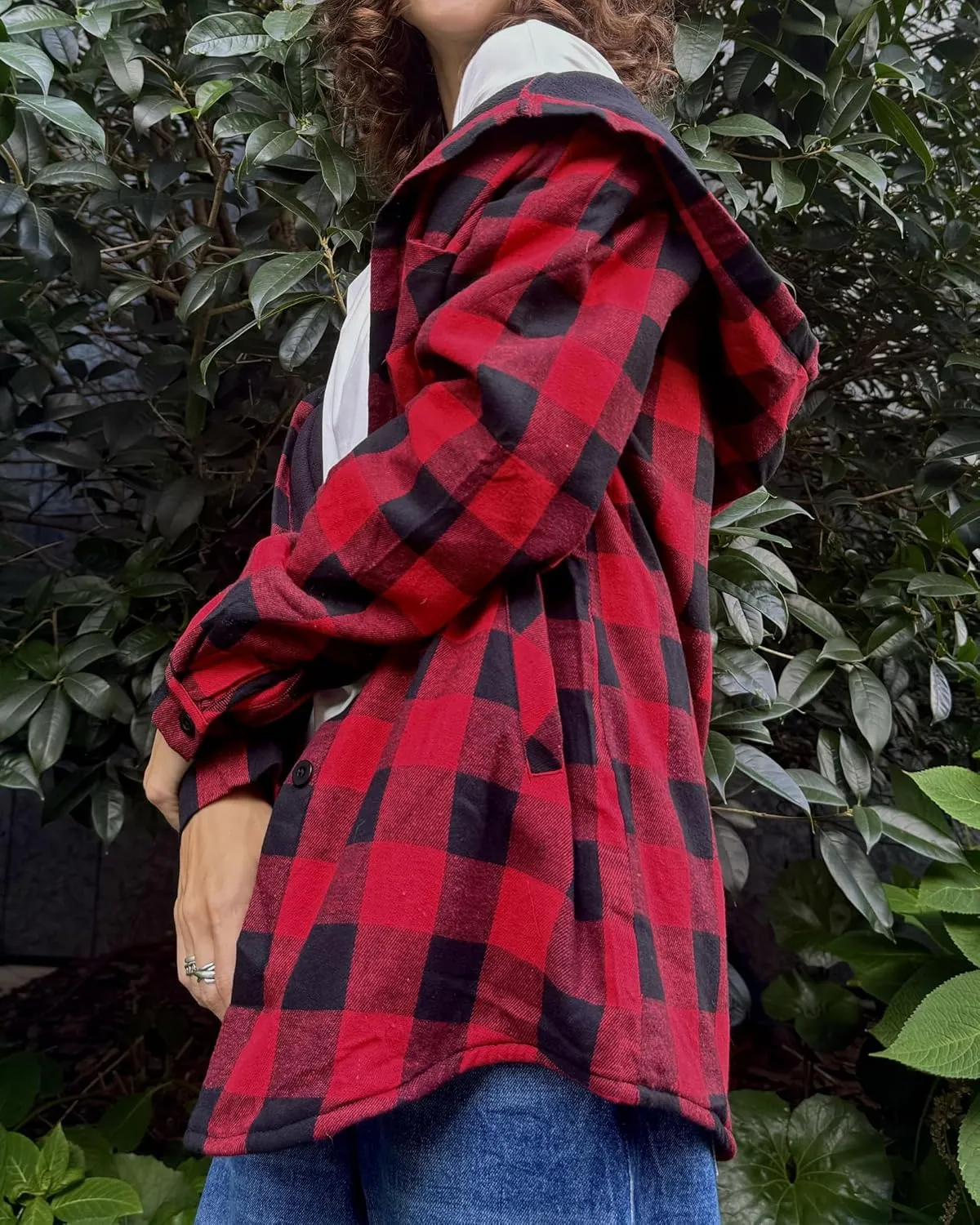HOTOUCH Women Flannel Fleece Shacket Jacket Plaid Button Down Long Sleeve Shirt 2024 Fall Winter Outfits Clothes with Hooded