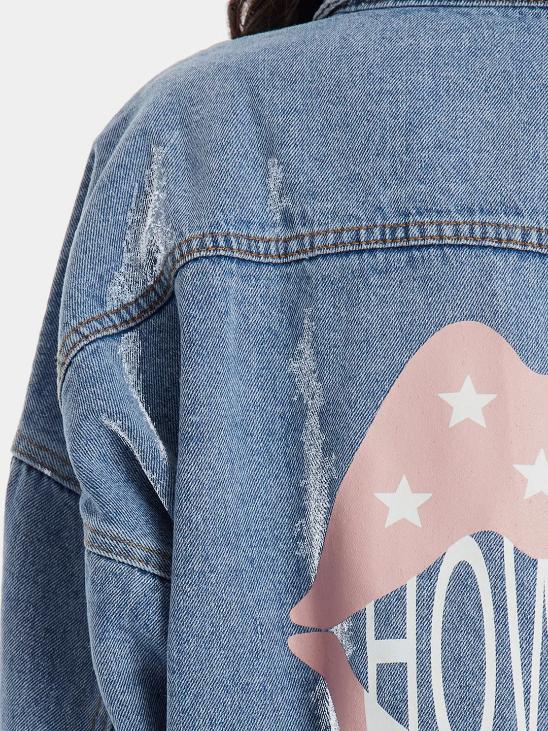 HOWDY Lip Print Button-Front Denim Jacket
