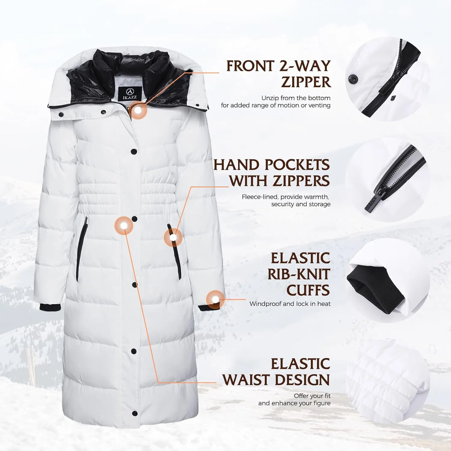 IKAZZ Women's Winter Coats, Thickened Warm Insulated Vegan Down Long Parka Jacket with Hood