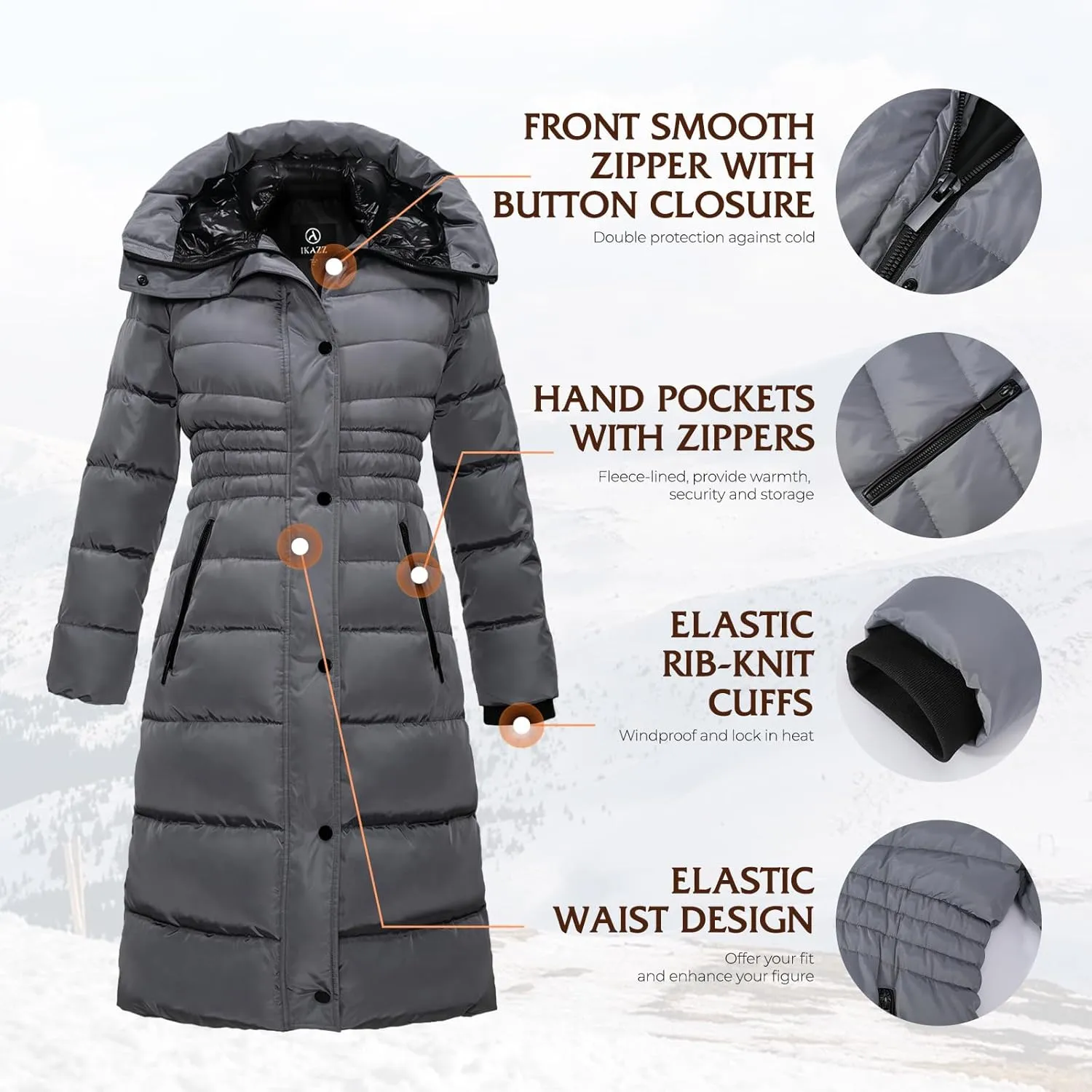 IKAZZ Women's Winter Coats, Thickened Warm Insulated Vegan Down Long Parka Jacket with Hood