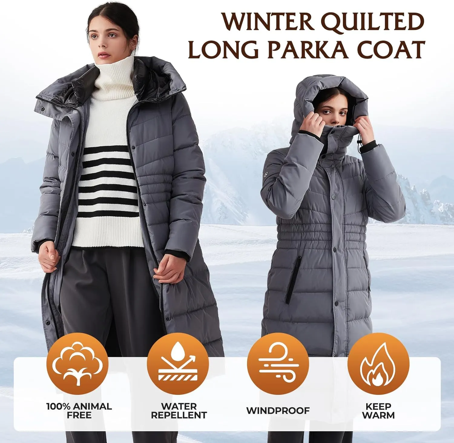 IKAZZ Women's Winter Coats, Thickened Warm Insulated Vegan Down Long Parka Jacket with Hood