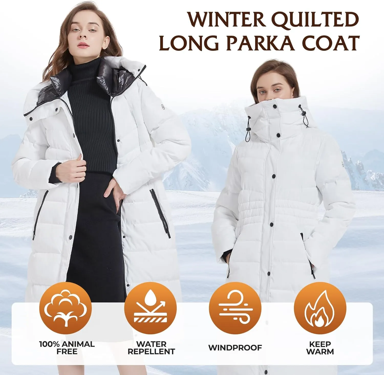 IKAZZ Women's Winter Coats, Thickened Warm Insulated Vegan Down Long Parka Jacket with Hood