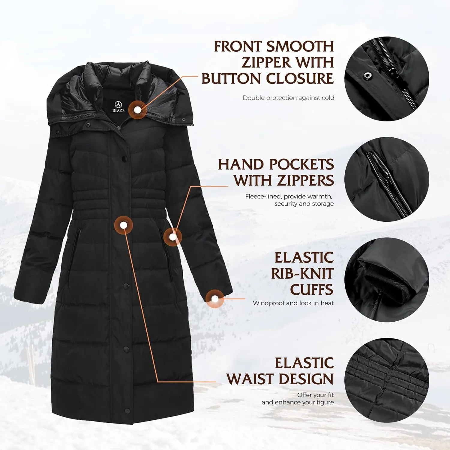 IKAZZ Women's Winter Coats, Thickened Warm Insulated Vegan Down Long Parka Jacket with Hood