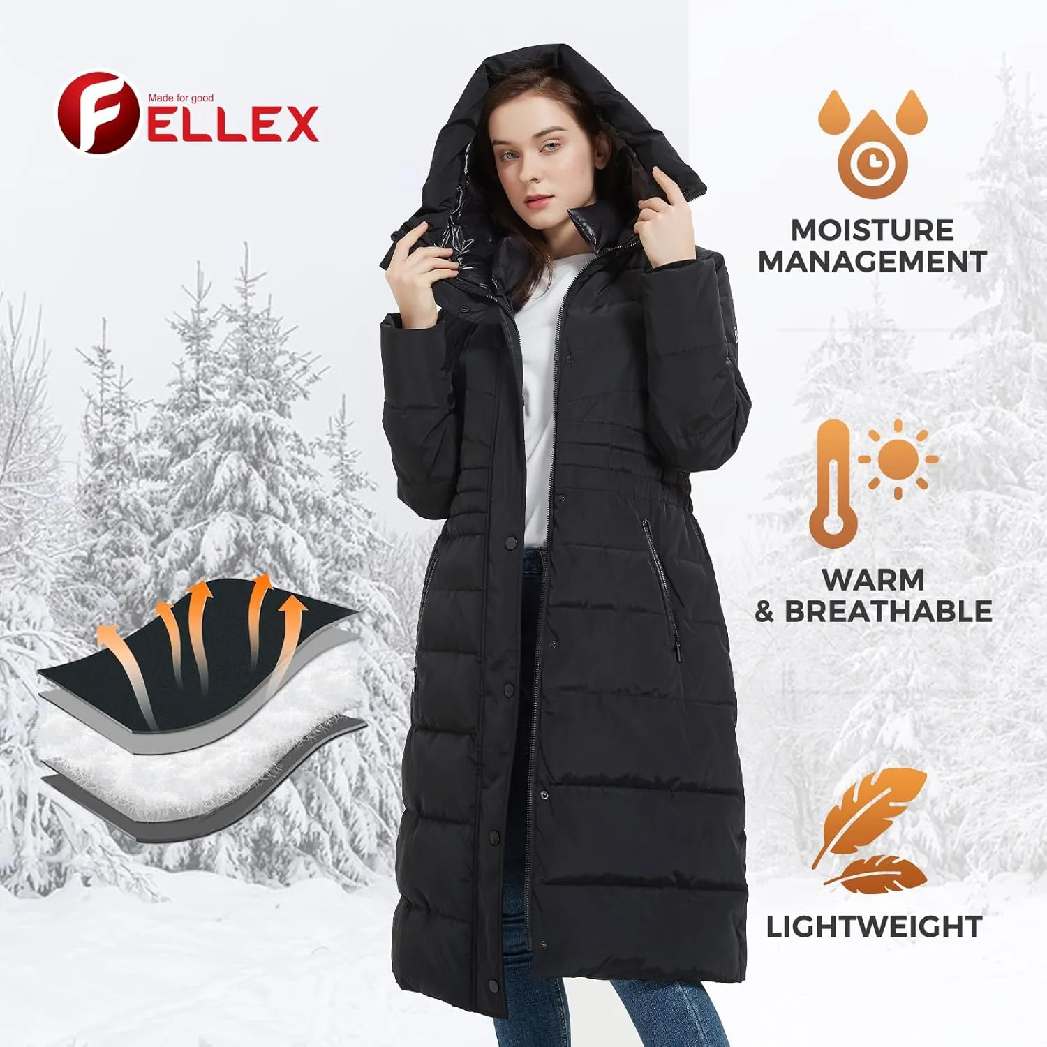 IKAZZ Women's Winter Coats, Thickened Warm Insulated Vegan Down Long Parka Jacket with Hood
