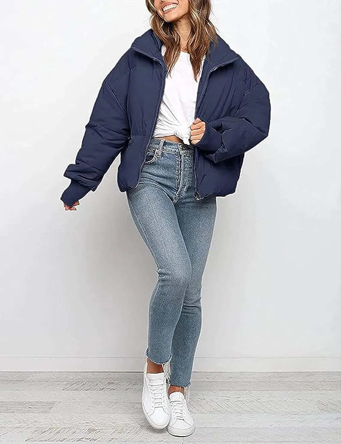 InterNos Women's Winter Stand Collar Zip Puffer Jacket Baggy Short Padded Down Coats